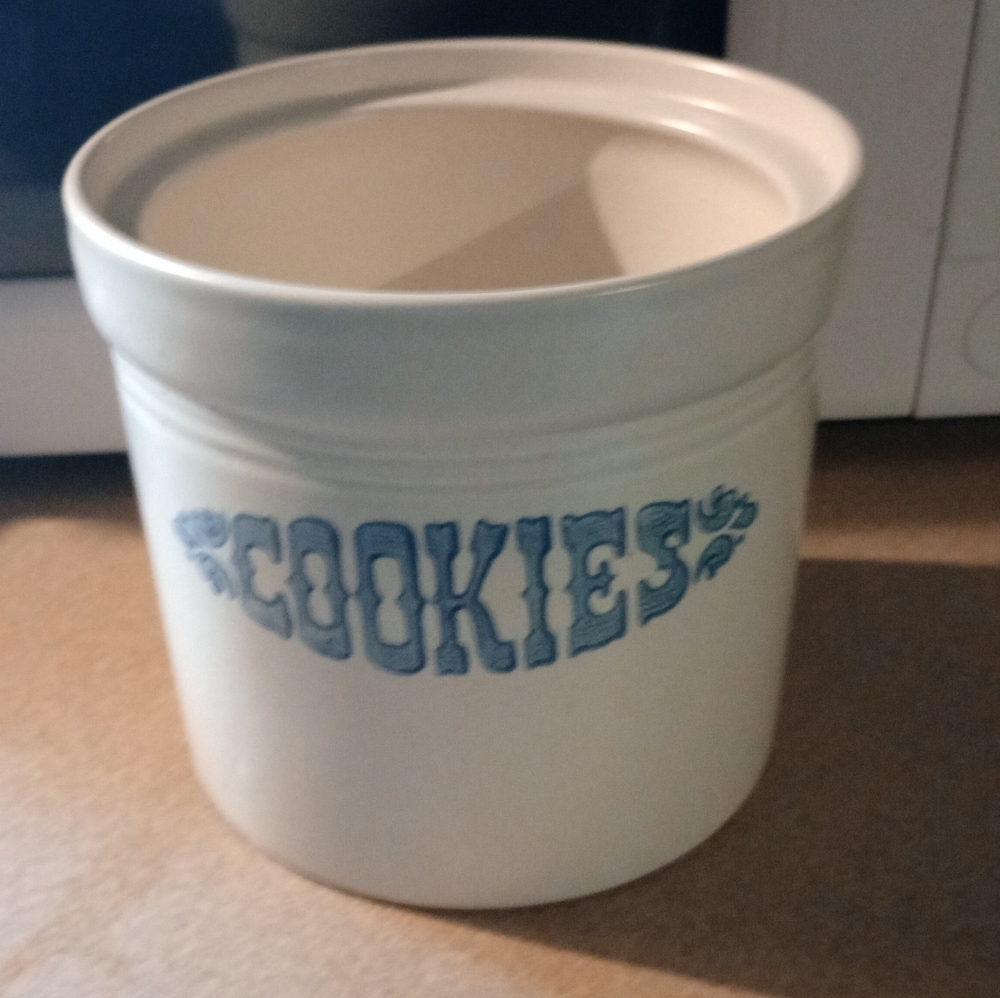 Vintage White Pfalzfraff Cookie Jar with Blue Accents/No Lid